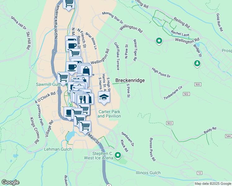 map of restaurants, bars, coffee shops, grocery stores, and more near 250 South High Street in Breckenridge