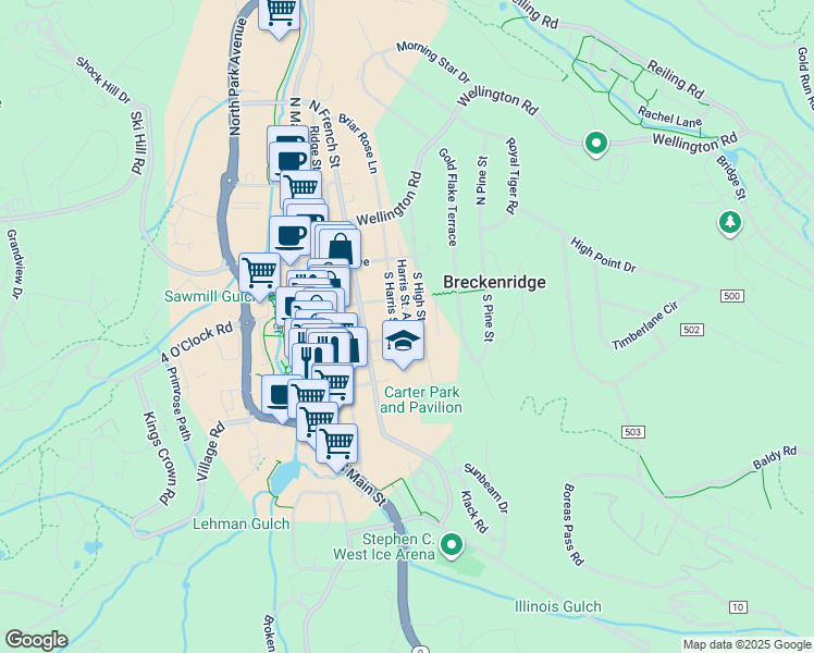 map of restaurants, bars, coffee shops, grocery stores, and more near 219 S Street in Breckenridge