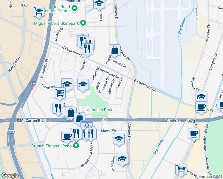 map of restaurants, bars, coffee shops, grocery stores, and more near 4640 Almond Drive in Reno