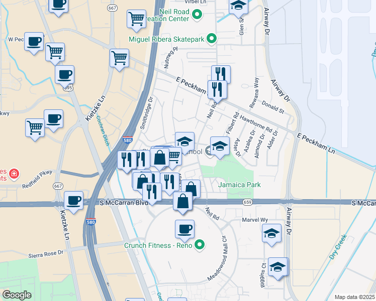 map of restaurants, bars, coffee shops, grocery stores, and more near 4801 Neil Road in Reno