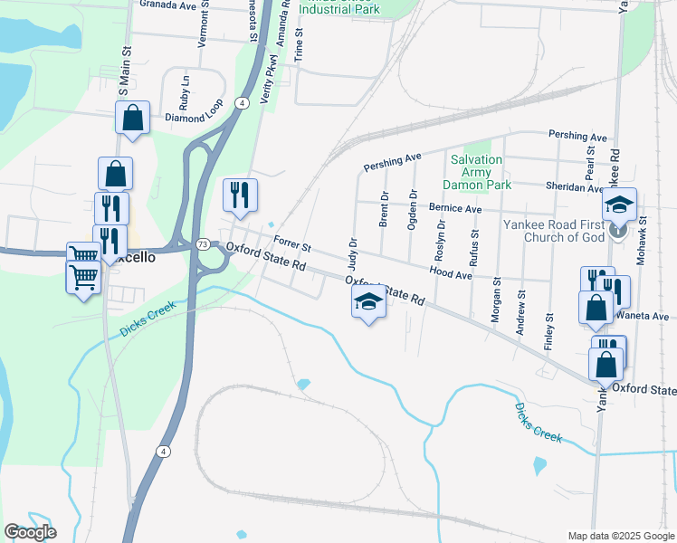 map of restaurants, bars, coffee shops, grocery stores, and more near 1207 Oxford State Road in Middletown