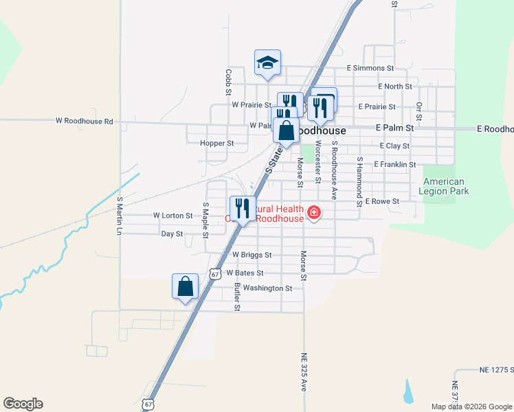 map of restaurants, bars, coffee shops, grocery stores, and more near 327-399 W Lorton St in Roodhouse