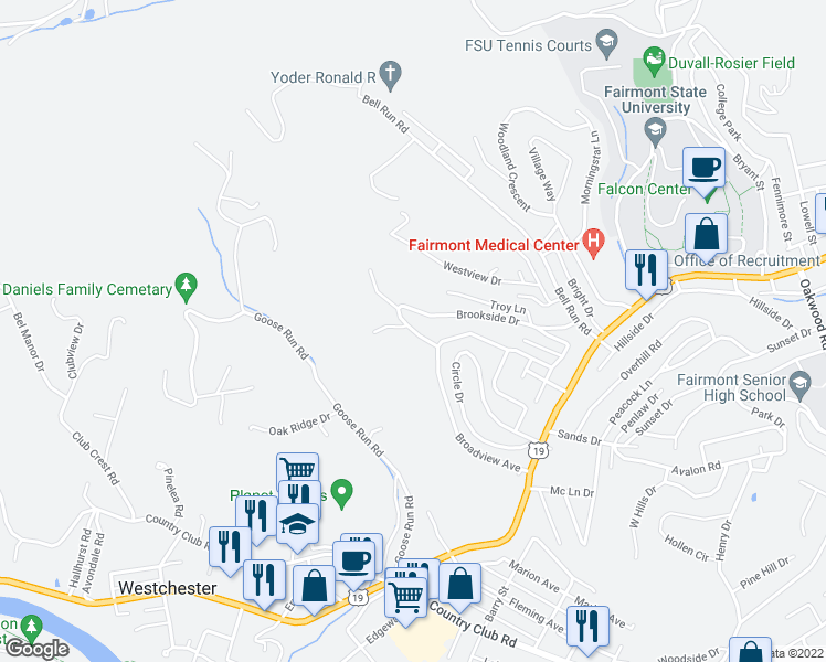 map of restaurants, bars, coffee shops, grocery stores, and more near 109 Wakefield Road in Fairmont