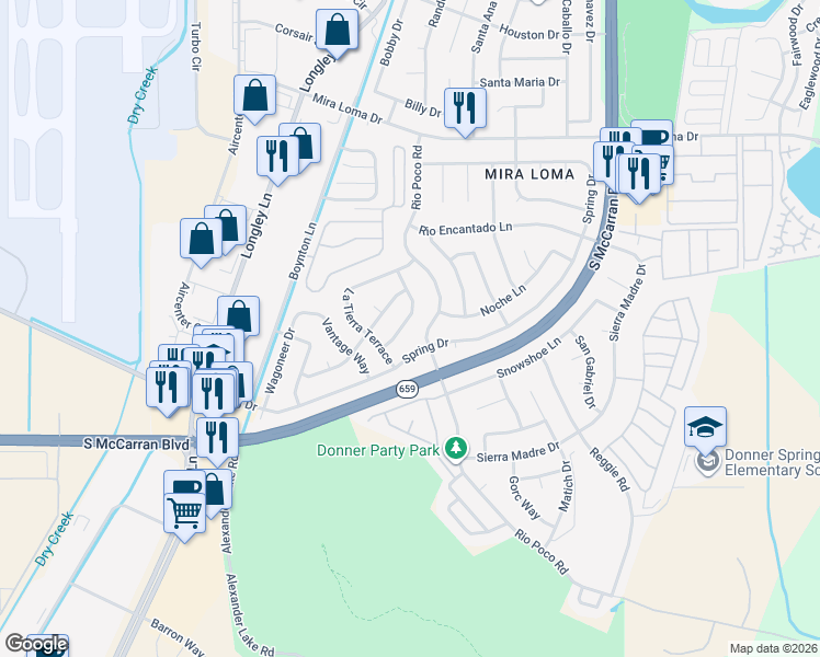map of restaurants, bars, coffee shops, grocery stores, and more near 4195 Rio Poco Road in Reno