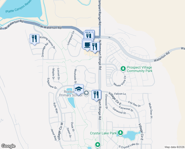 map of restaurants, bars, coffee shops, grocery stores, and more near 10087 Jasmine Court in Littleton