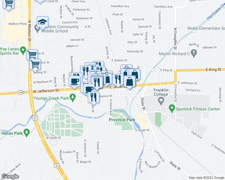 map of restaurants, bars, coffee shops, grocery stores, and more near 248 East Monroe Street in Franklin