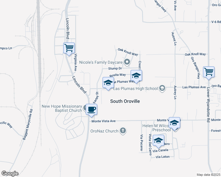 map of restaurants, bars, coffee shops, grocery stores, and more near 0 Las Plumas Way in Oroville