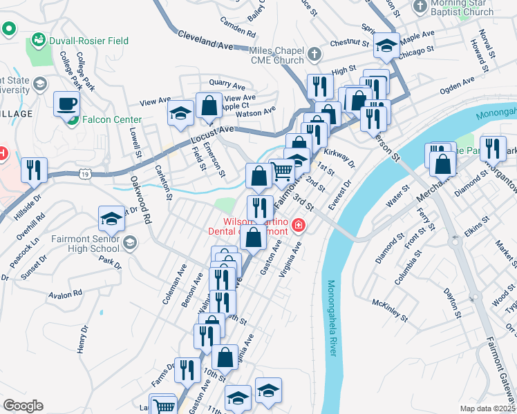 map of restaurants, bars, coffee shops, grocery stores, and more near 428 Walnut Avenue in Fairmont