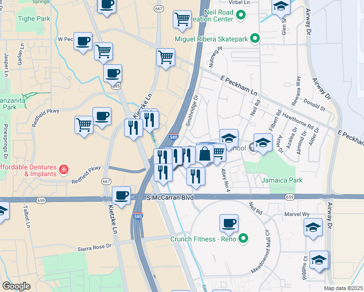 map of restaurants, bars, coffee shops, grocery stores, and more near 630 Smithridge Drive in Reno