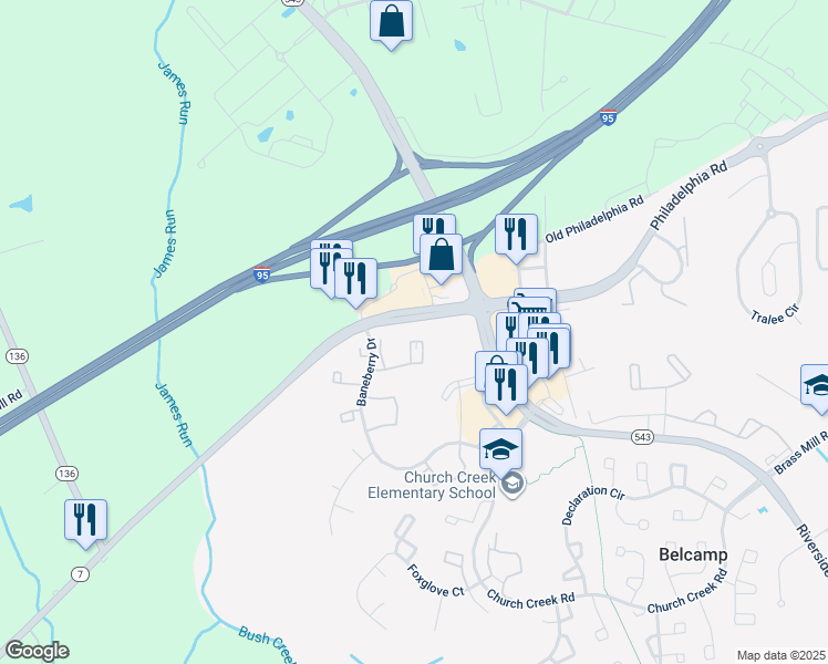map of restaurants, bars, coffee shops, grocery stores, and more near 1404 Golden Rod Court in Belcamp
