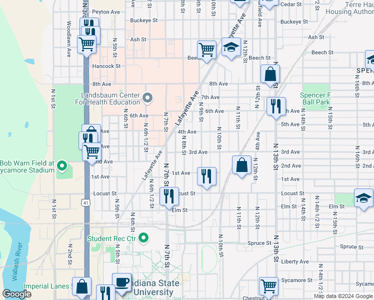 map of restaurants, bars, coffee shops, grocery stores, and more near 823 3rd Avenue in Terre Haute
