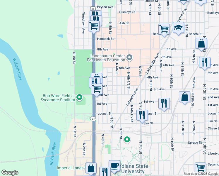map of restaurants, bars, coffee shops, grocery stores, and more near 1112 North 6th Street in Terre Haute