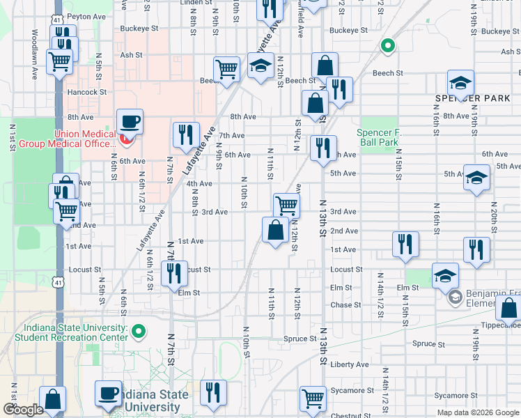 map of restaurants, bars, coffee shops, grocery stores, and more near 1010 3rd Avenue in Terre Haute