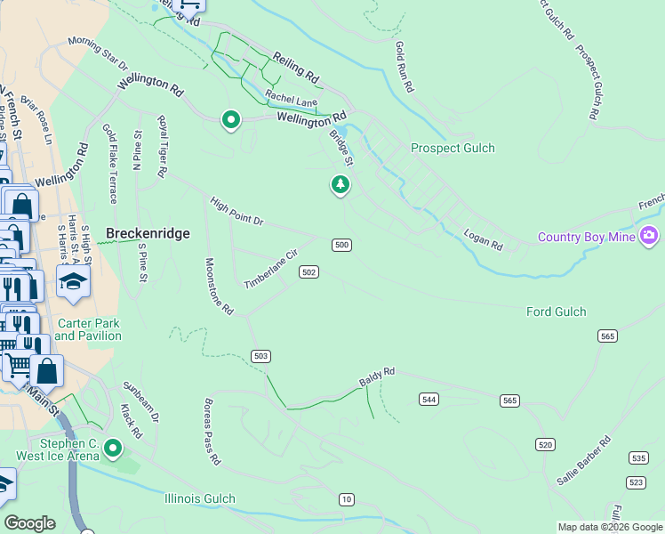 map of restaurants, bars, coffee shops, grocery stores, and more near 647 Moonstone Road in Breckenridge