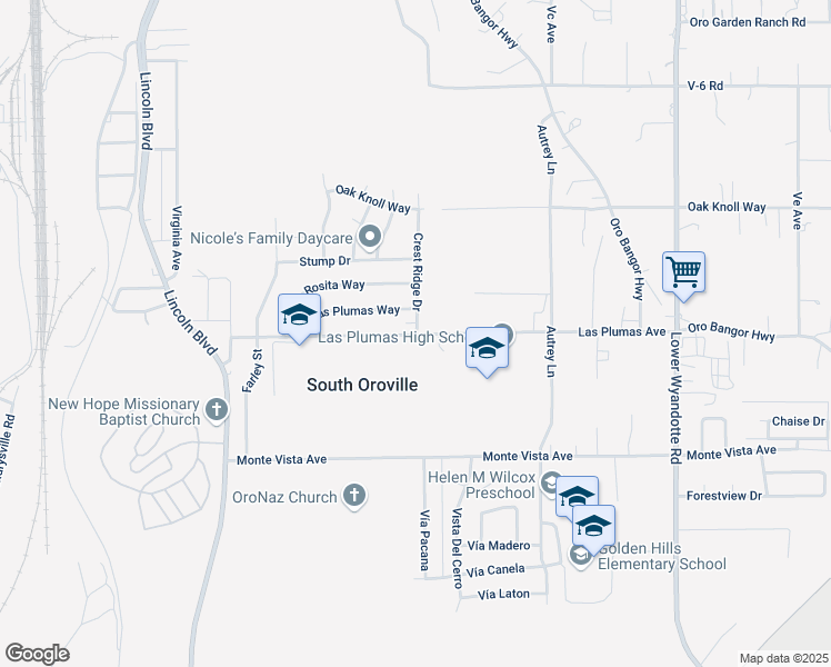 map of restaurants, bars, coffee shops, grocery stores, and more near 2380 Las Plumas Avenue in Oroville