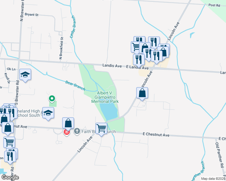 map of restaurants, bars, coffee shops, grocery stores, and more near 3231 East Landis Avenue in Vineland