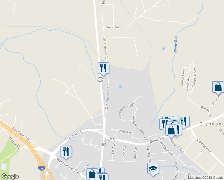 map of restaurants, bars, coffee shops, grocery stores, and more near 13011 Old Hanover Road in Reisterstown