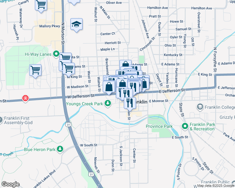 map of restaurants, bars, coffee shops, grocery stores, and more near 101 Indiana 44 in Franklin