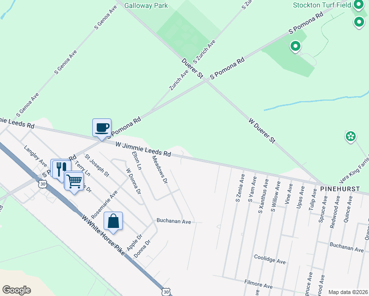 map of restaurants, bars, coffee shops, grocery stores, and more near 223 West Jimmie Leeds Road in Absecon