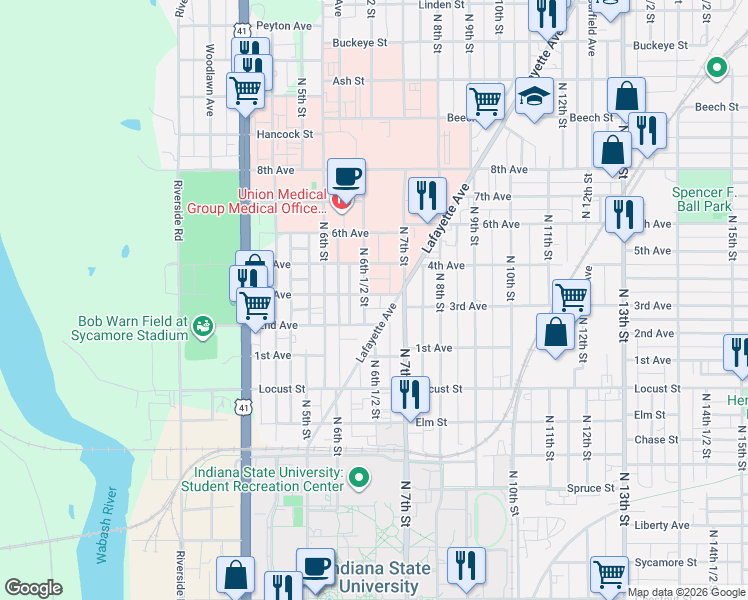 map of restaurants, bars, coffee shops, grocery stores, and more near 674 Lafayette Avenue in Terre Haute