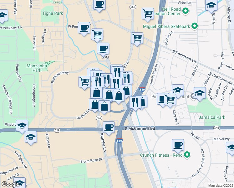 map of restaurants, bars, coffee shops, grocery stores, and more near 4945 South Virginia Street in Reno