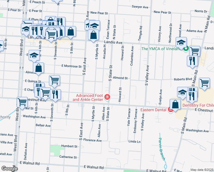 map of restaurants, bars, coffee shops, grocery stores, and more near 70 South State Street in Vineland