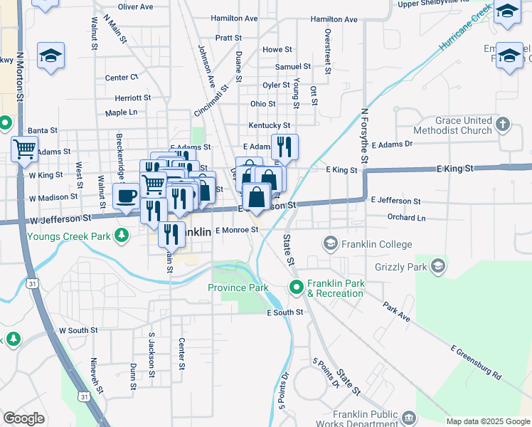 map of restaurants, bars, coffee shops, grocery stores, and more near 503 East Monroe Street in Franklin