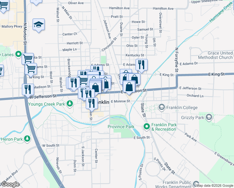 map of restaurants, bars, coffee shops, grocery stores, and more near 248 East Monroe Street in Franklin