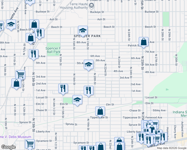 map of restaurants, bars, coffee shops, grocery stores, and more near 1101-1199 North 20th Street in Terre Haute
