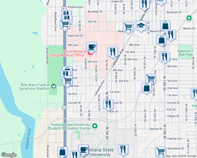 map of restaurants, bars, coffee shops, grocery stores, and more near 674 Lafayette Avenue in Terre Haute