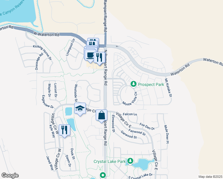 map of restaurants, bars, coffee shops, grocery stores, and more near Mount Ouray Road in Roxborough Park