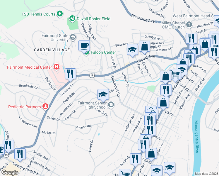 map of restaurants, bars, coffee shops, grocery stores, and more near 14 Oakwood Road in Fairmont