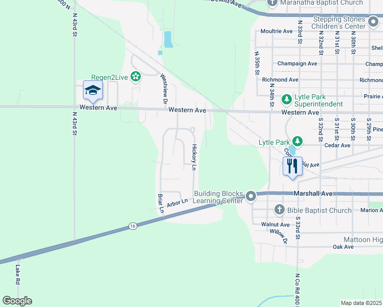 map of restaurants, bars, coffee shops, grocery stores, and more near 310-398 Hickory Ln in Mattoon