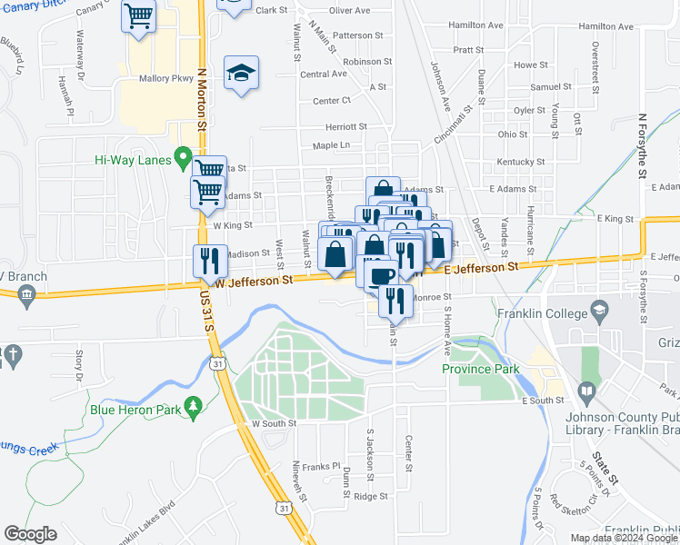 map of restaurants, bars, coffee shops, grocery stores, and more near 188 W Jefferson St in Franklin
