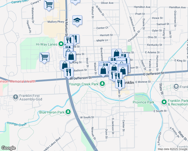 map of restaurants, bars, coffee shops, grocery stores, and more near 300 West Jefferson Street in Franklin