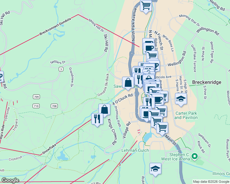 map of restaurants, bars, coffee shops, grocery stores, and more near 500 4 O Clock Road in Breckenridge