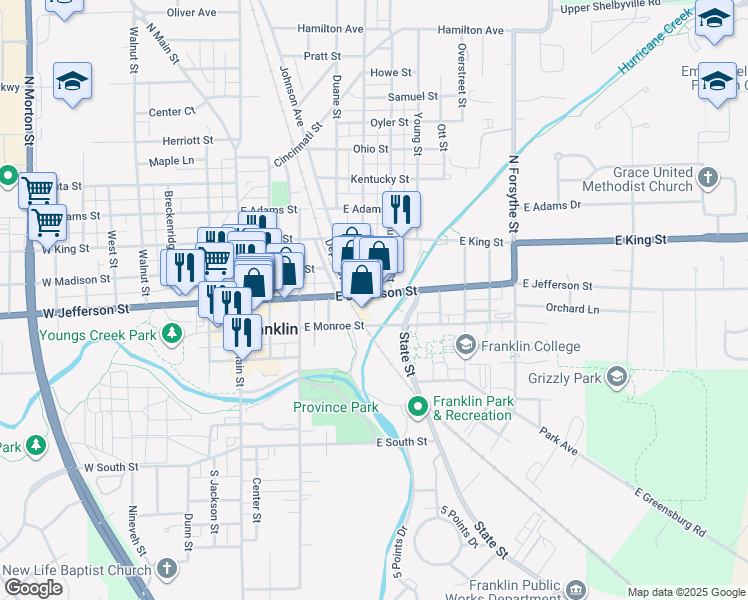 map of restaurants, bars, coffee shops, grocery stores, and more near 447 East Jefferson Street in Franklin