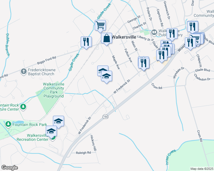 map of restaurants, bars, coffee shops, grocery stores, and more near 55 West Frederick Street in Walkersville