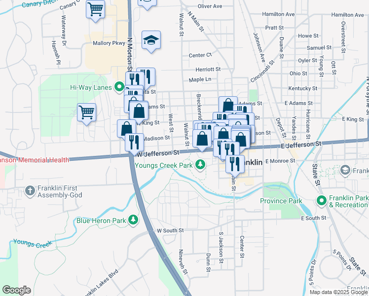 map of restaurants, bars, coffee shops, grocery stores, and more near 300 West Jefferson Street in Franklin
