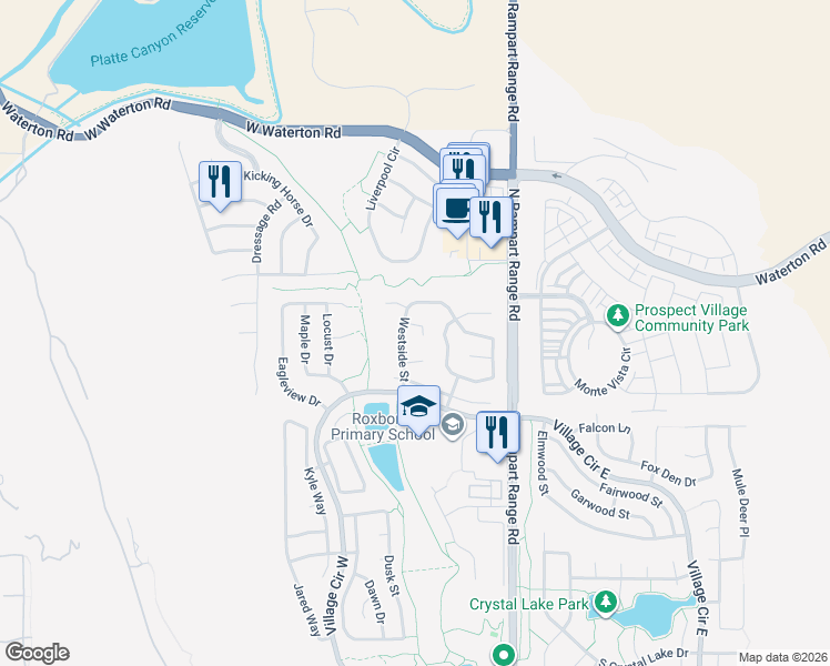 map of restaurants, bars, coffee shops, grocery stores, and more near 10195 Westside Court in Littleton