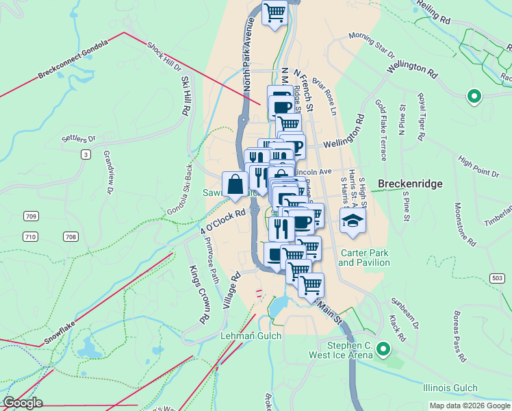 map of restaurants, bars, coffee shops, grocery stores, and more near 325 4 O Clock Road in Breckenridge