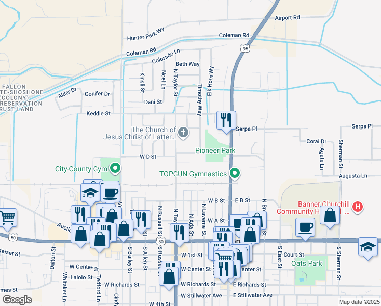 map of restaurants, bars, coffee shops, grocery stores, and more near 320 West D Street in Fallon