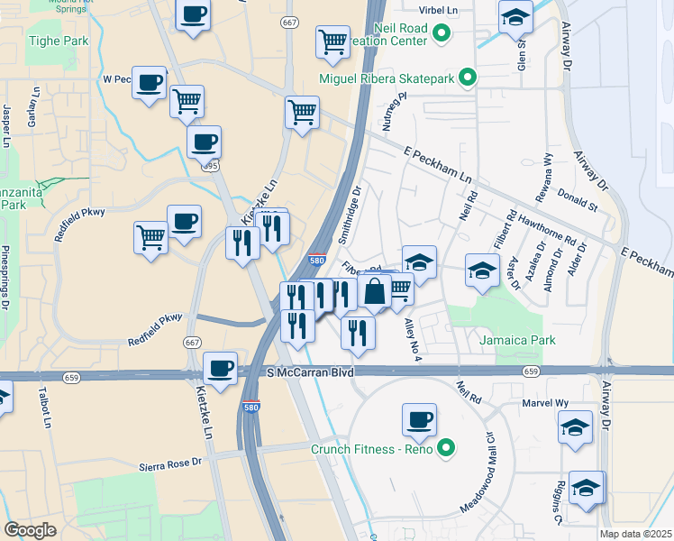 map of restaurants, bars, coffee shops, grocery stores, and more near 630 Smithridge Drive in Reno