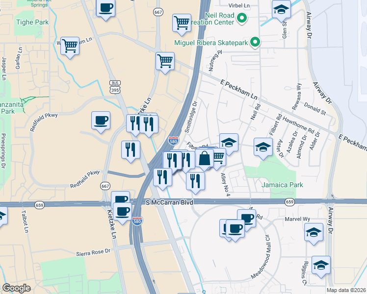map of restaurants, bars, coffee shops, grocery stores, and more near 630 Smithridge Drive in Reno