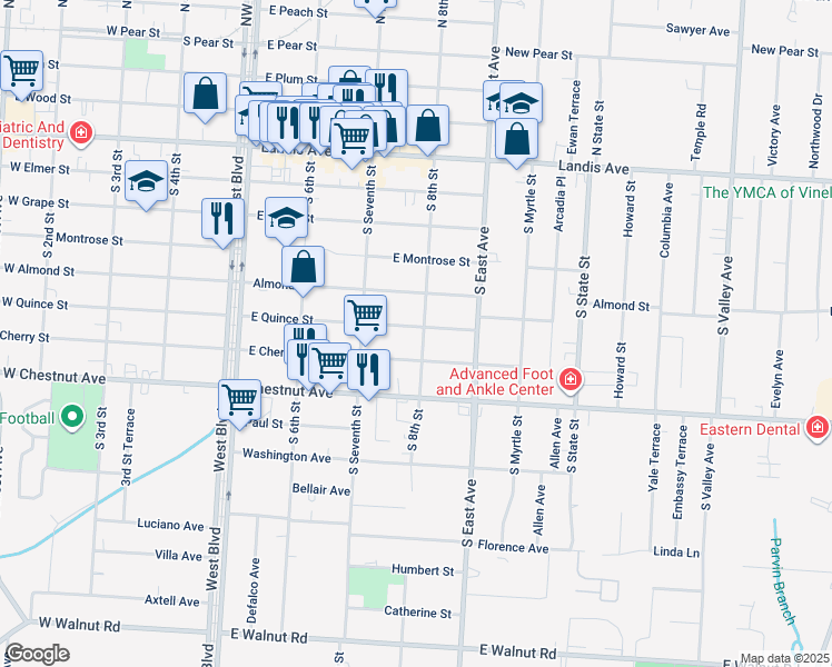 map of restaurants, bars, coffee shops, grocery stores, and more near 520 South 8th Street in Vineland