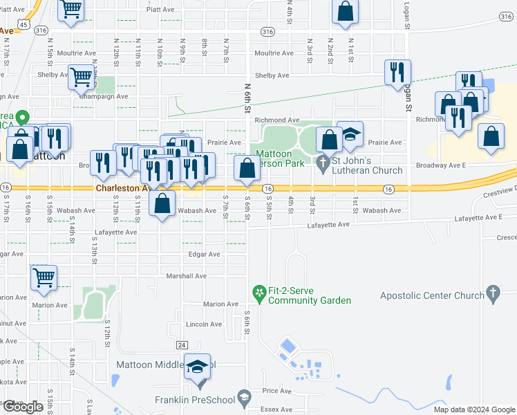 map of restaurants, bars, coffee shops, grocery stores, and more near 516 Lafayette Avenue in Mattoon