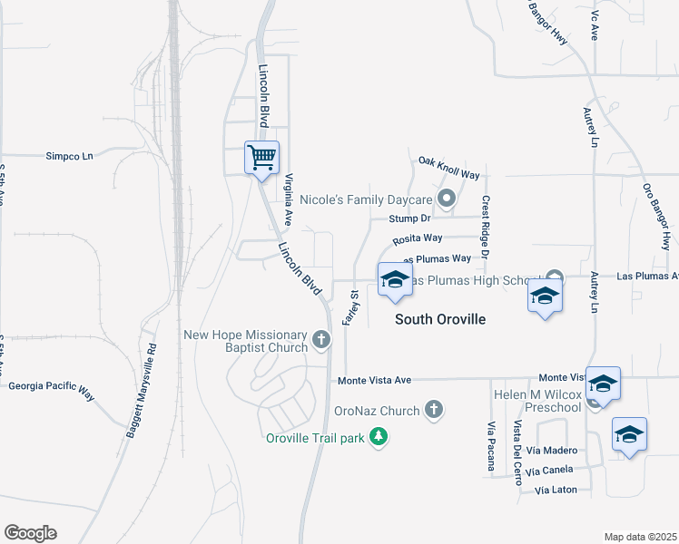 map of restaurants, bars, coffee shops, grocery stores, and more near 5424 Walmer Road in Oroville