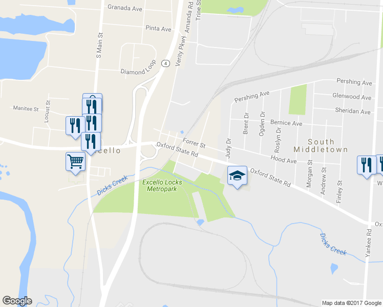 map of restaurants, bars, coffee shops, grocery stores, and more near 1016 Oxford State Road in Middletown