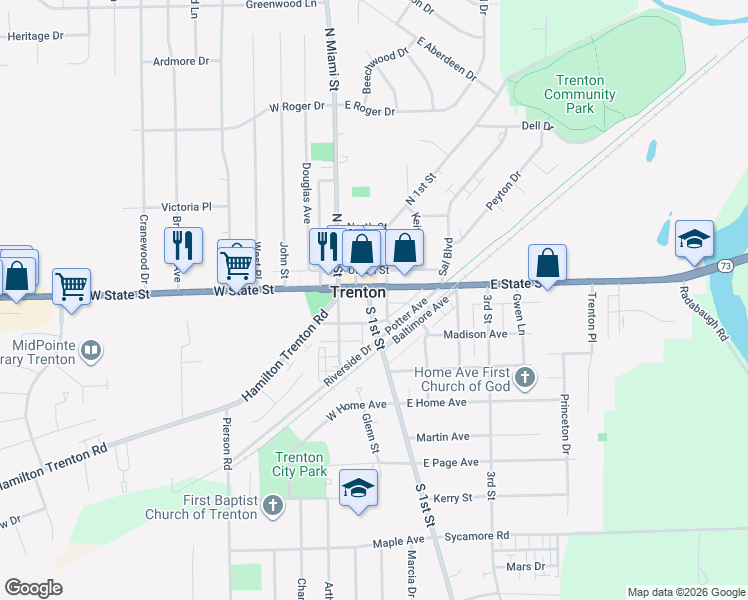 map of restaurants, bars, coffee shops, grocery stores, and more near 29 South 1st Street in Trenton