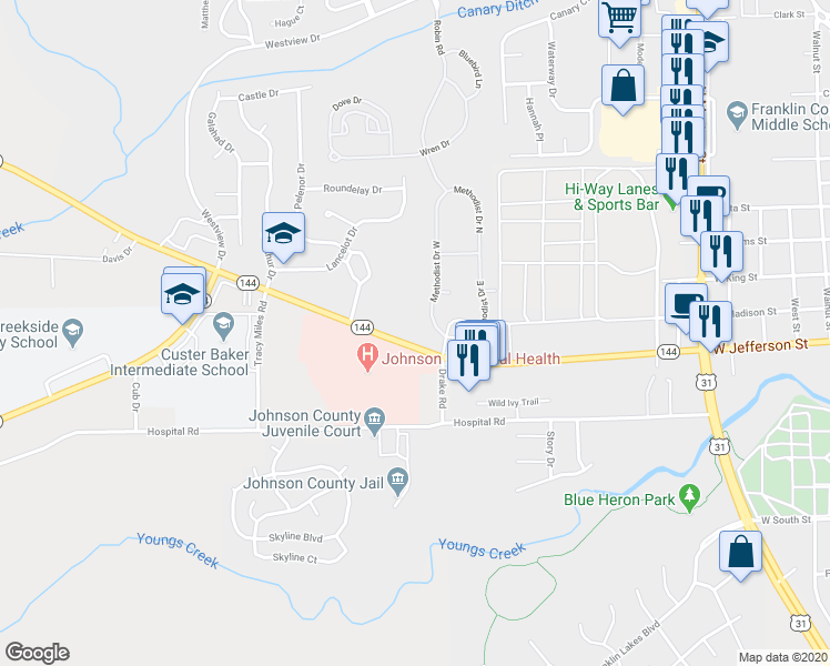 map of restaurants, bars, coffee shops, grocery stores, and more near 1080 West Jefferson Street in Franklin